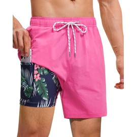 Gleeease Mens 7 Inch Swim Trunks with Compression Liner Quick Dry Swim Shorts Swimming Shorts with Pockets Stretch Bathing Suits Pink Flamingo