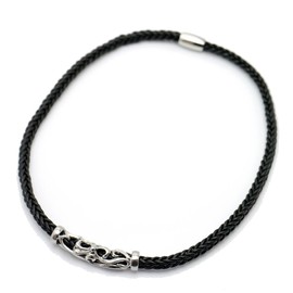 Silver One Point Leather Choker, Arabesque, Stainless Steel, Genuine Leather, Men's, Magnetic, Width 0.28 inches (7 mm), Length 17.7 inches (45 cm), 19.7 inches (50 cm), Braided Black, Leather