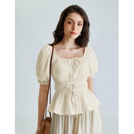 Women Bow Tie Front Tops Pirate Puff Sleeve Ruffled Peplum Shirts Apricot XXL