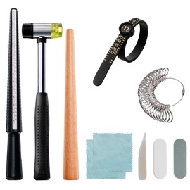 Meowoo 10-Piece US/UK Ring Mandrel Set with Sizer - Jewelry Making & Repair Kit Includes Hammer, Polishing Cloth, Stick & Agate Knife