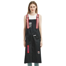 MIKI WELL Long Apron Bottom split Adjustable Patterned Webbing Bib Waterproof Apron for Barber &Chef&Pottery, Car wash apron, Red Striped Webbing, Large