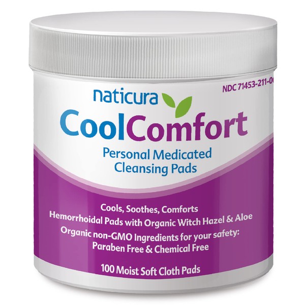 Naticura CoolComfort Personal Cleansing Pads with Organic Witch Hazel and Aloe Vera - All-Natural and Fast Acting Wipes for Hemorrhoid Burning, Itching, Pain and Swelling - 100 Pads - No Parabens