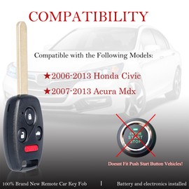 MechanMagic Key Fob Remote Replacement Fits for Honda Civic EX Si Hybrid 2006 2007 2008 2009 2010 2011 2012 2013 Acura Mdx 2007-2013 N5F-S0084A Keyless Entry 4 Buttons Remote Control 35111-SVA-306