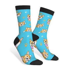 AOYEGO Cute Dogs Funny Socks Sitting Corgi Pink Love Paw Prints Bone Comic Puppy Novelty Casual Crew Socks Contrast Color Design for Women Men Gift