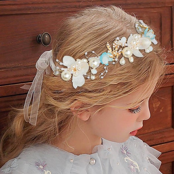 Campsis Princess Flower Crystal Headpiece Blue Rhinestone Pearl Headband Alloy Floral Bridal Hair Accessories Communion Wedding Prom Photography for Girls and Women