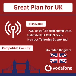 Vodafone UK Sim Card - 7GB at 4G LTE High Speed Data + Unlimited UK Minutes & Texts | United Kingdom Sim Card