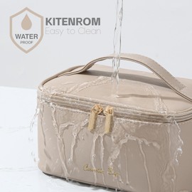 KITENROM Makeup Bag Portable Travel Cosmetic Bag with Brush Holder，Waterproof Make Up Bag For Women with Handle Light Khaki