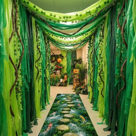 Juinte 17 Pcs Jungle Party Decorations Safari Tropical Rainforest Decor Artificial Vines Leaves Pothos Vines Jungle Floor Runner Tropical Safari Party Decor for Hawaiian Backdrop Indoor Outdoor