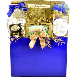 Gift Basket Village The Elegant Gourmet, Hanukkah Gift Basket with Cookies, Fudge Pretzels, Almond and Cashew Rocas, Rolled Wafer Cookies and More