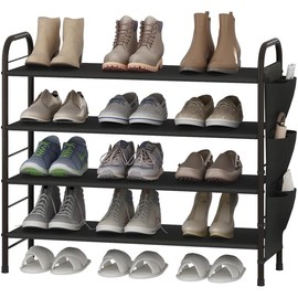 SUOERNUO Shoe Rack Storage Organizer Free Standing Metal Shoe Shelf Compact Shoe Organizer with Side Bag for Entryway Closet Bedroom 3 / 4/ 5 / 6 Tier - Color: 4 Tier-Bronze