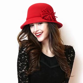MESU Womens Felt Cloche Hat Floral Fedora Bucket Hat 1920s Vintage Bowler Hats Red