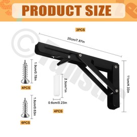 Tanstic 2 Pack 8 Inch Folding Shelf Brackets, Heavy Duty Wall Mounted Shelf Bracket, Metal Collapsible Shelf Bracket Triangle Shelf Support, Space Saving for Table Bench, Max Load 220lb(Black)