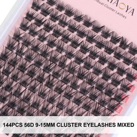 KISSXIAOYA Eyelash Extensions, DIY Custom Cluster Eyelash Tool Set (144 Pieces 56D Curl Eyelashes, T02 9-15 mm)