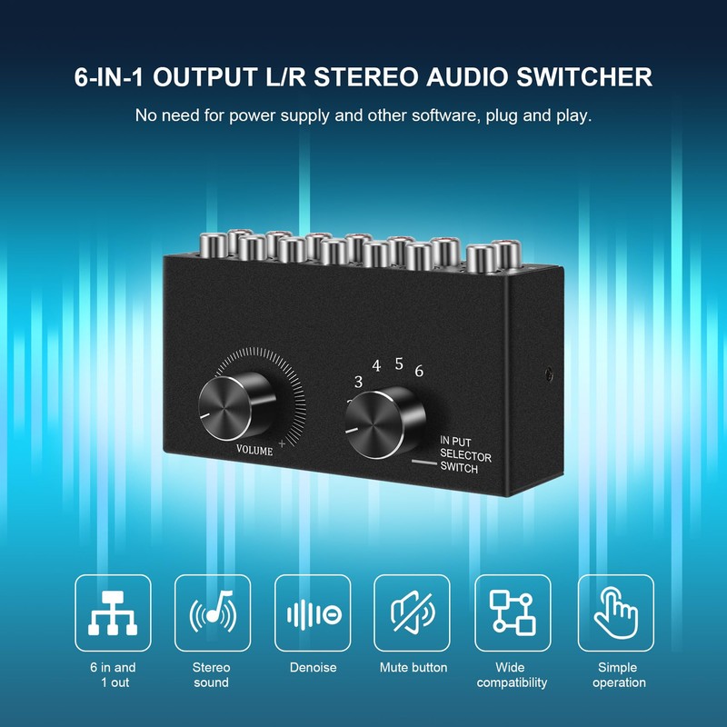 Wanjorlay 6 in 1 Out L/R Stereo Audio Switcher with