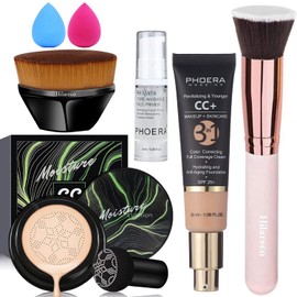 Hilareco Air Cushion CC Cream Natural Foundation,PHOERA CC+ Cream Color Correcting Anti Aging Hydrating Serum &SPF 25+,PHOERA Face Primer, Kabuki Brush Foundation Brush Makeup Sponge(#02Natural CC +120 Nude)