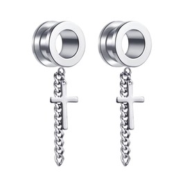 2 x ear tunnels, stainless steel, silver flesh tunnel, cross pendant earrings, punk for unisex, Stainless Steel, Without zirconia