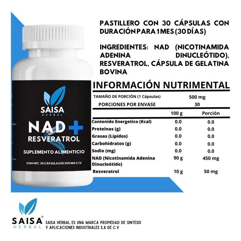 Nad+ 30 Cápsulas | Resveratrol | Suplemento Alimenticio | Sin