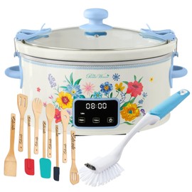 Pioneerr Wmn 6 Qt Digital Slow Cooker with Locking Lid, Brilliant Blooms, 9 Pieces Utensil and Kitchen Brush Bundle