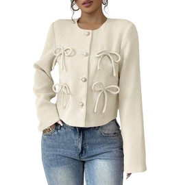 GORGLITTER Women's Jacket Long Sleeve Elegant Open Front Short Cardigan Tweed Button Placket Work Blazer Office Jacket Blazer with Crew Neck, Apricot colours, M