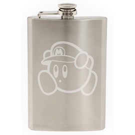 Kirby With Mario Hat Video Game Inspired 8 OZ Hand-made Etched Stainless Steel Hip Flask with Funnel
