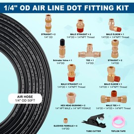 Boeray 22pcs 50FT 1/4 DOT Air Line Brass Fittings Kit 1/4" OD Quick Push to Connect Fittings Compression Fittings 1/4 SAE J844 PA12 Nylon Air Hose Tubing for Industrial & Truck Air Brake System