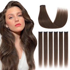 Silk-co Clip in Hair Extensions Real Human Hair Extension Double Weft With Lace Coverd Clip in Silky Straight 100% Natural Very Thin Highlight efffect for Women 6PCS 6Clip 14Inch #02 Dark Brown 36g