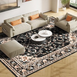 Vhong Washable Area Rugs Boho Vintage Modern Neutral Large Carpet Black and Brown 5×7 High Traffic Rugs for Dinning Room Living Room Bedroom Farmhouse Non Slip