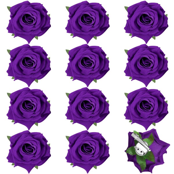 Yilloog 12 Pack Rose Hair Clip Flower 2.8'' Hairpin Floral Brooch Floral Hair Clips Mexican Hair Flowers Hairpin Party Supplies for Women Rose Hair Accessories Wedding Pack(Dark Purple)