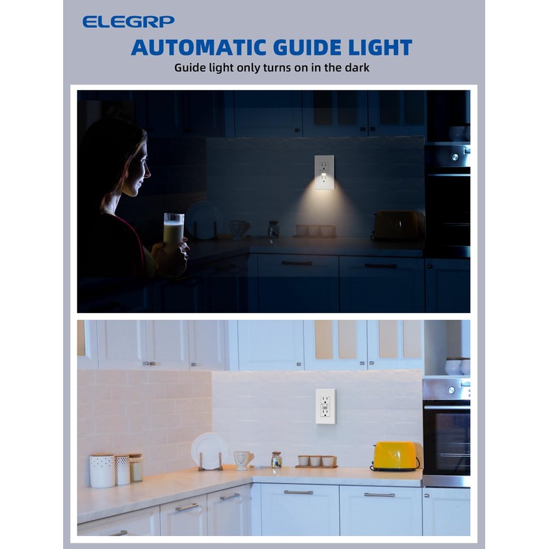 ELEGRP GFCI Outlet w/Nightlight, 15 Amp Self-Test GFI Electrical Outlet,