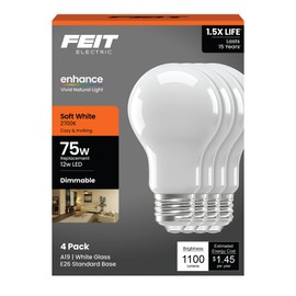 Feit Electric A19 LED Light Bulb, 75W Equivalent, 2700K Soft White, Dimmable, 1100 Lumens, 12W, E26 Base, 90+ CRI, General Purpose LED Light Bulbs, 17,000-Hour Lifetime, A1975/927CA/FIL/4/GB, 4 Pack