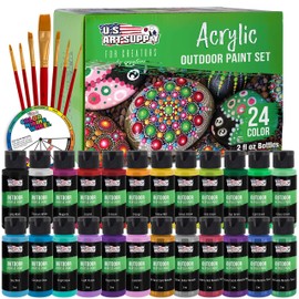 U.S. Art Supply Professional 24 Color Outdoor Acrylic Paint Set, 2oz Bottles, with 7 Brush Kit - Vivid Colors for Painting Canvas, Rocks, Wood Crafts, Toys