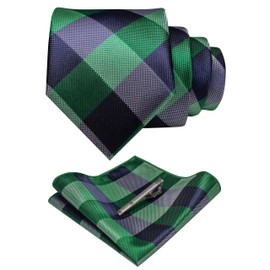 RBOCOTT Navy Green Plaid Tie and Pocket Square with Tie Clip Sets for Men Business Necktie（45）