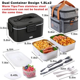 Nifogo Electric Lunch Box for Adults with Dual 1.8L SS Containers 80W Portable Heated Lunch Box for Men 3 in 1 Portable Food Warmer 110V/12V/24V with Bag(1.8DS-Black)