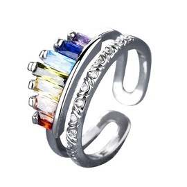 QKEPCY Ring 925 Sterling Silver, Silver/Gold Crown Ring, Colourful Cubic Zirconia Finger Stackable Ring Wedding Rings Engagement Rings Anniversary Birthday Gift for Women Girls, Sterling Silver