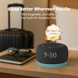 Buffbee Pro 2nd Gen – Upgraded Rechargeable Battery | 3-in-1 White Noise Machine for Sleep, Alarm Clock & Bluetooth Speaker, 25 Sleep Sounds, Portable for Travel & Bedroom