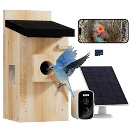 Bird House with Camera Solar Powered,Wood Bird House for Outdoors, 5MP HD Full Color Night Vision Bird Watching Camera For Birdhouse, Wi-Fi Nesting Box For Birds,App Controlled,Automatic Notification