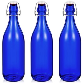 Teenyyou 3 Pcs Cobalt Blue Glass Bottle 1 L / 33.75 oz Decorative Bottles Blue Glass Flip Top Water Bottles with Airtight Lid for Homemade Wine DIY Make Your Own Drinks