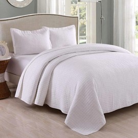 MarCielo 3 Piece 100% White Cotton Quilt Set Lightweight Bedspread Bed Coverlets Comforter Set, Check (Queen)