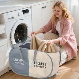 Seefoo 3-Section Foldable Hamper for Laundry, Collapsible Laundry Baskets with Easy Carry Handles, Space-Saving Clothes Pop Up Hamper with Dark/Light/Color Sorting Labels for Home, Travel, Dorm