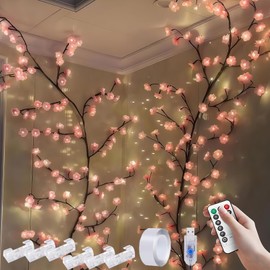 Hmdkepf Cherry LED Tree Branch Lights for Wall, 48/144 LED Cherry Blossom Wall Lights with Remote and 8 Lighting Modes, for Bedroom Wall Doors Windows Wedding Christmas (90.5 in 144LED)