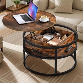 DWVO Coffee Tables for Living Room, Round Coffee Table, Lift Top Coffee Table with Storage and Hidden Compartment, Rustic Coffee Table, Small Circle Coffee Table,Wood Center Table, Rustic Brown