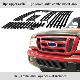 APS Compatible with Ford Ranger 2006-2012 FX4 XL XLT Main Upper Lower Bumper Stainless Steel Black 8x6 Horizontal Billet Front Grill Grille Insert Combo F67773J