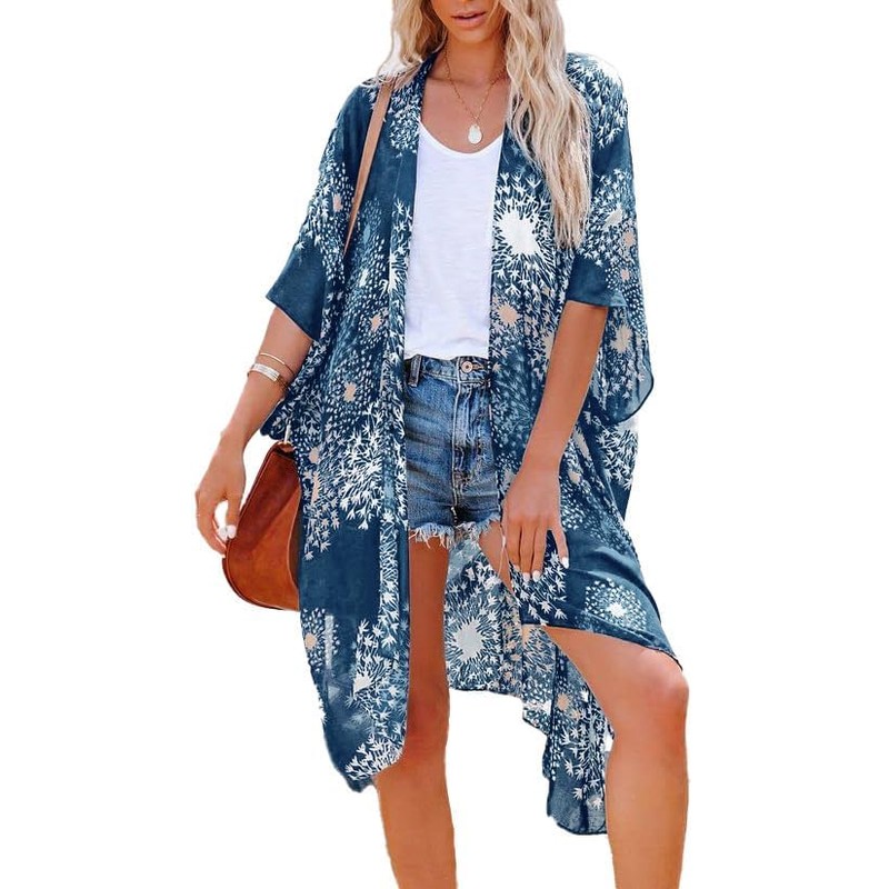 Women's Beach Cover Up Fire Print Kimono Cardigans Summer Bikini