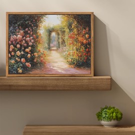 Bluebubble Framed Canvas Print Wall Art, Vintage Cottage Rose Pathway to Morning Wall Art Home Decor, Canvas Classical Floral Oil Painting for Living Room, Office Decor, 12"x16" Natural