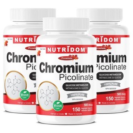 Nutridom Canada Chromium Chromium Picolinate 500mcg Chromium Picolinate Veggie Capsules, 3, 150 Capsules / 뉴트리돔 캐나다 크로뮴 크롬 피콜리네이트 500mcg Chromium Picolinate 베지 캡슐, 3개, 150캡슐