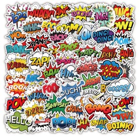 50PCS Cartoon Superhero Party Stickers for Kids Surprise Stickers Superhero Sign Cutout Stickers for Gift Boom Wow Bang Pow Stickers for Water Bottles Loptop