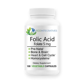 EcoIntegratives Folic Acid Folate 5mg (B9) Prenatal, Reproductive Health, Homocysteine, Metabolism, Cardiovascular, Bone, Immune Support, Allergen Free, Non GMO - 100 Vegan Capsules