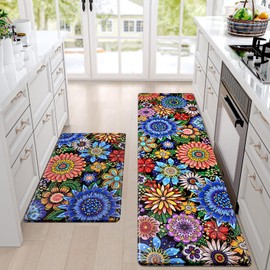 Likiyol Boho Kitchen Rugs, Boho Floral Anti Fatigue Kitchen Mat for Floor, Bohemian Flowers Non Slip Washable Kitchen Floor Mats, Comfort Standing Mat, 18'' x 30'' + 18'' x 60''