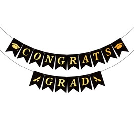 Happy Graduation Bunting Banner Class of 2025 Hanging Banner, Black Golden Grad Hat Paper Garland for Graduated Party Decorations, Graduation Party Supplies for Home Mantel Fireplace Indoor Outdoor