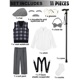 Gnodio Kids 100 Days of School Costume for Boys Old Man Costume for Kids Grandpa Costume Dress up Outfit Accessories